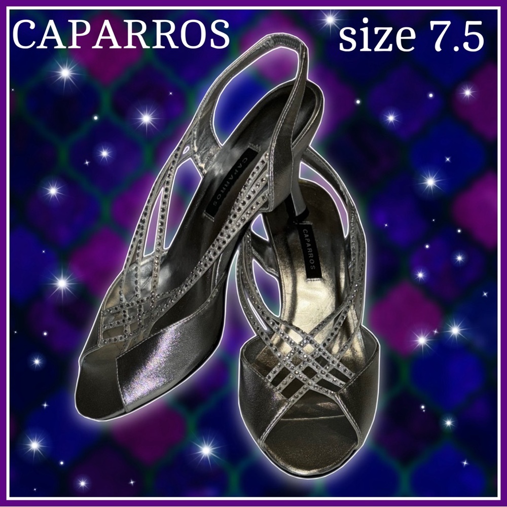 CAPARROS silver rhinestones low heel sling back peep toe SHOES size 7.5